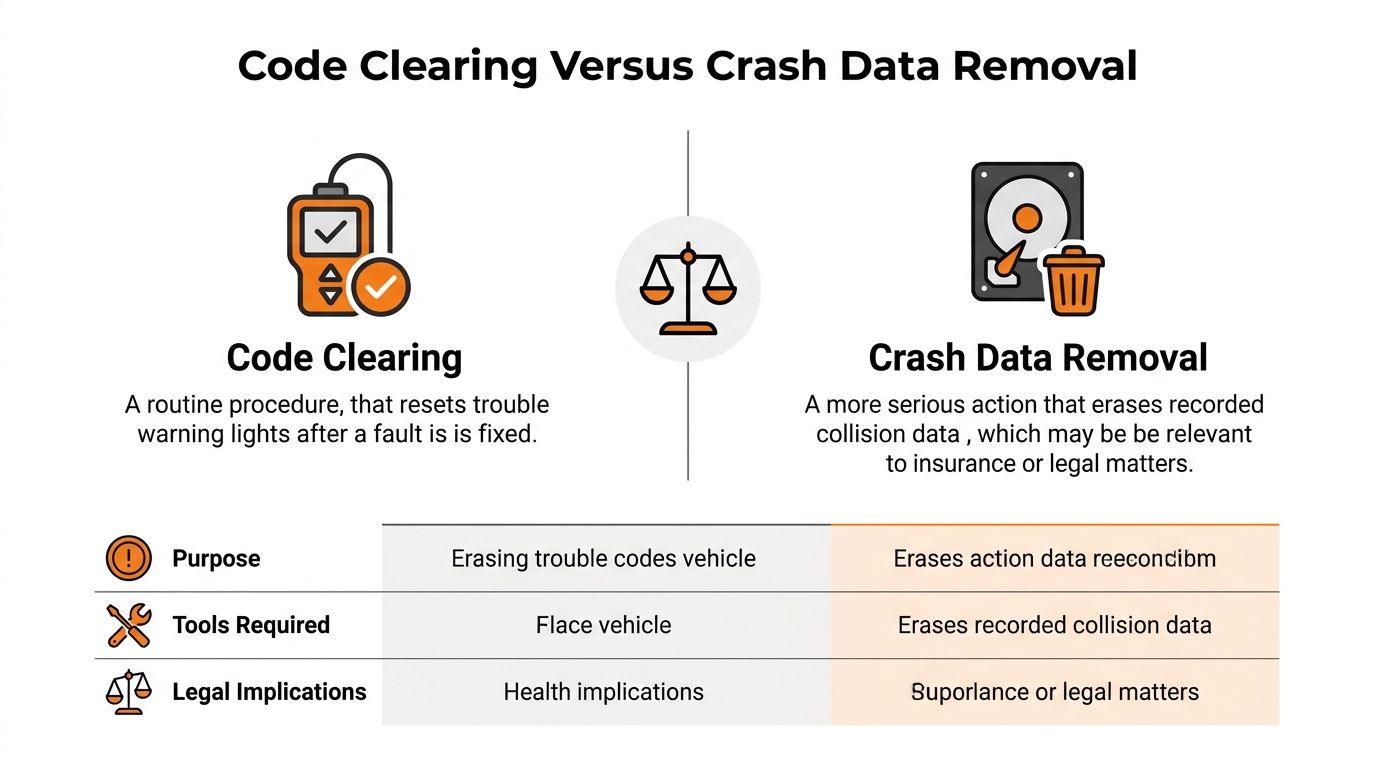A comparison chart showing the difference between routine code clearing and serious crash data removal for vehicles.