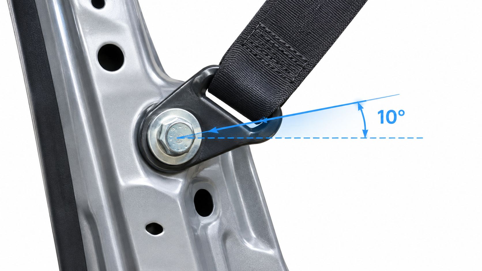 A close-up view of a car seat belt anchor bolt showing an upward 10-degree installation angle.