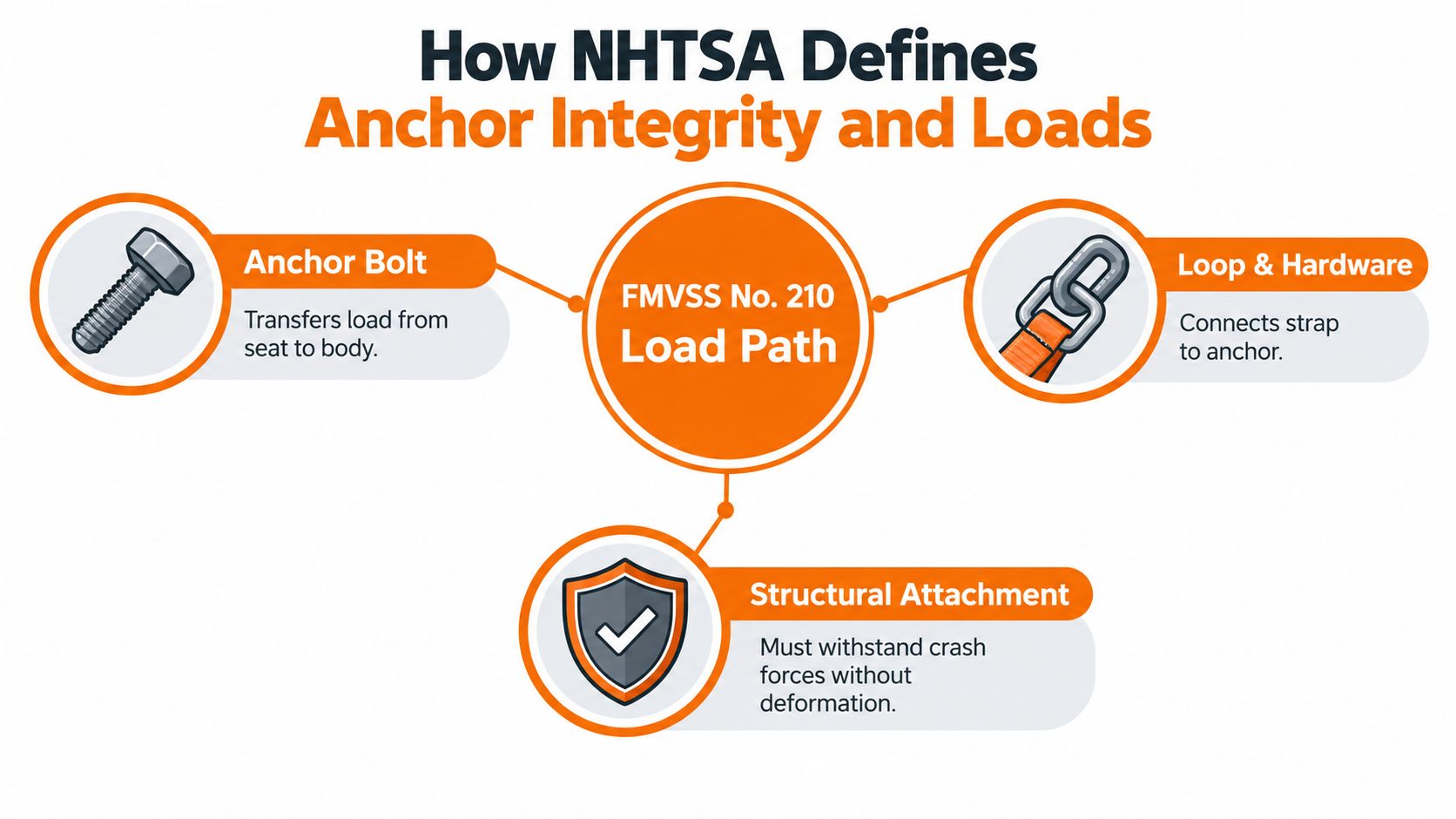 An infographic showing the NHTSA FMVSS No. 210 load path for seat belt anchors, featuring anchor bolts and hardware.