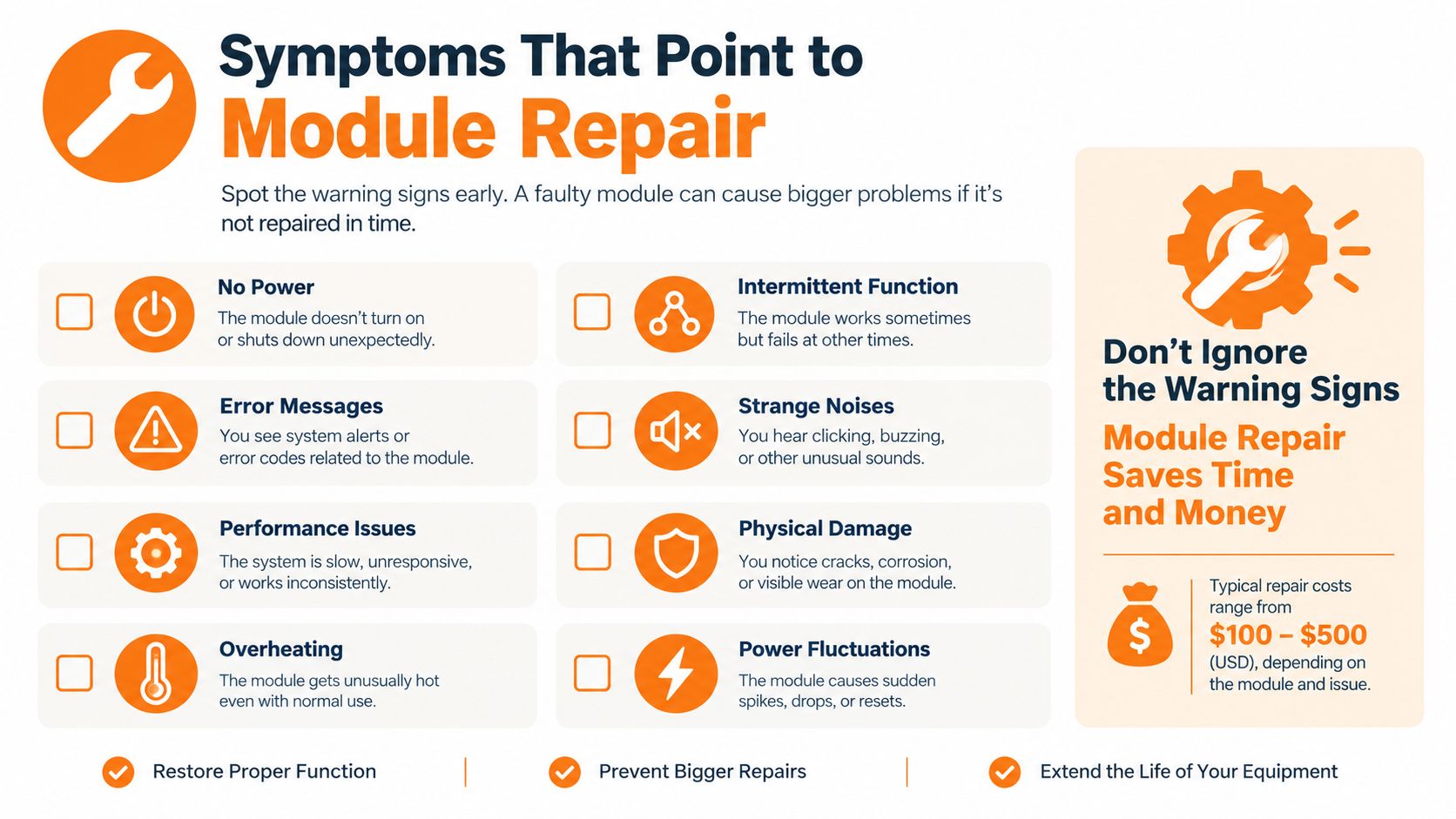 An infographic detailing common signs indicating the need for professional module repair services to avoid further damage.