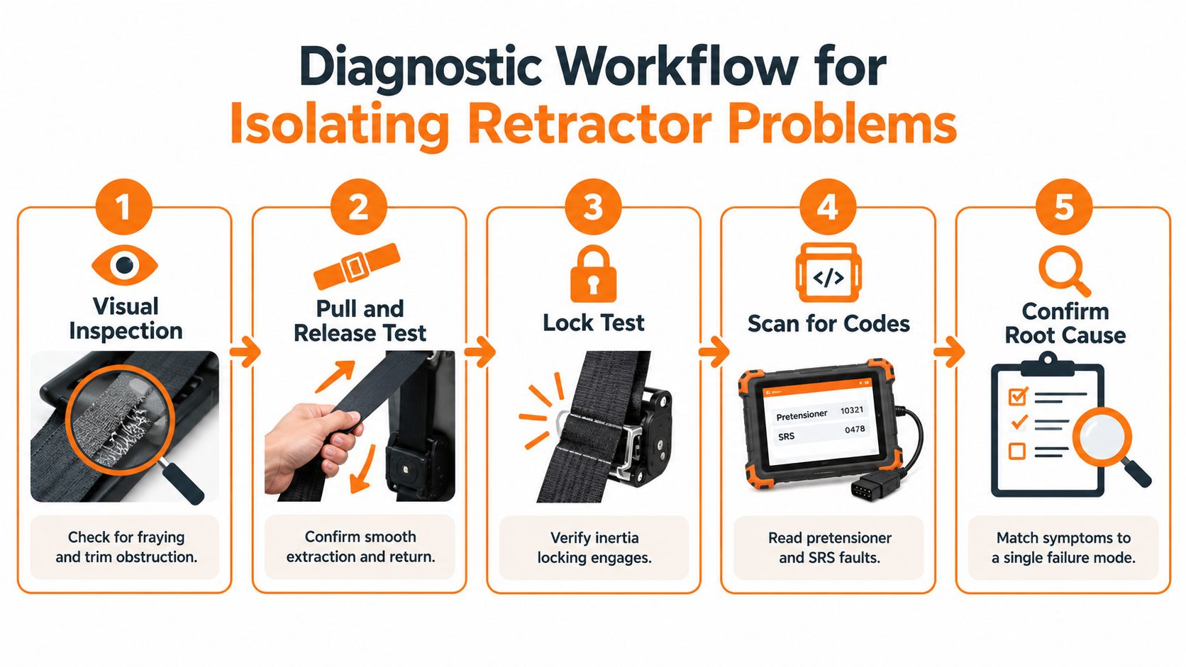 A five-step diagnostic workflow infographic for isolating and identifying common seat belt retractor mechanical or electronic problems.
