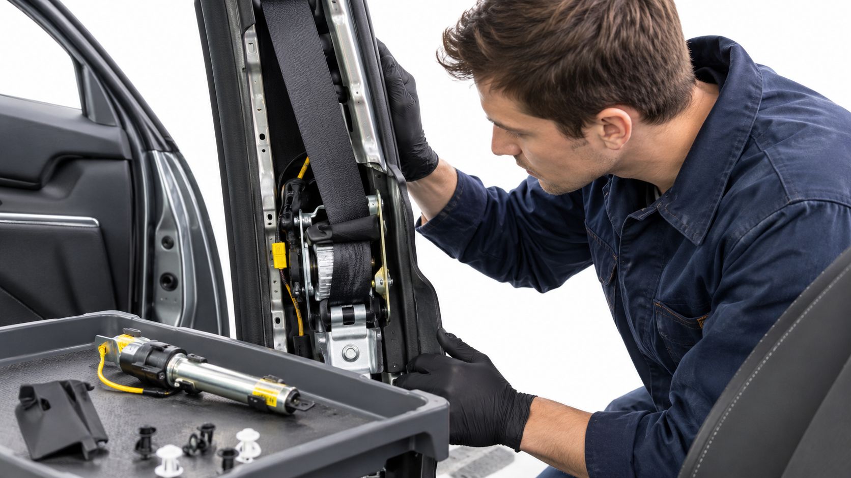 A professional mechanic wearing black gloves inspects a vehicle's seat belt retractor mechanism inside the car frame.