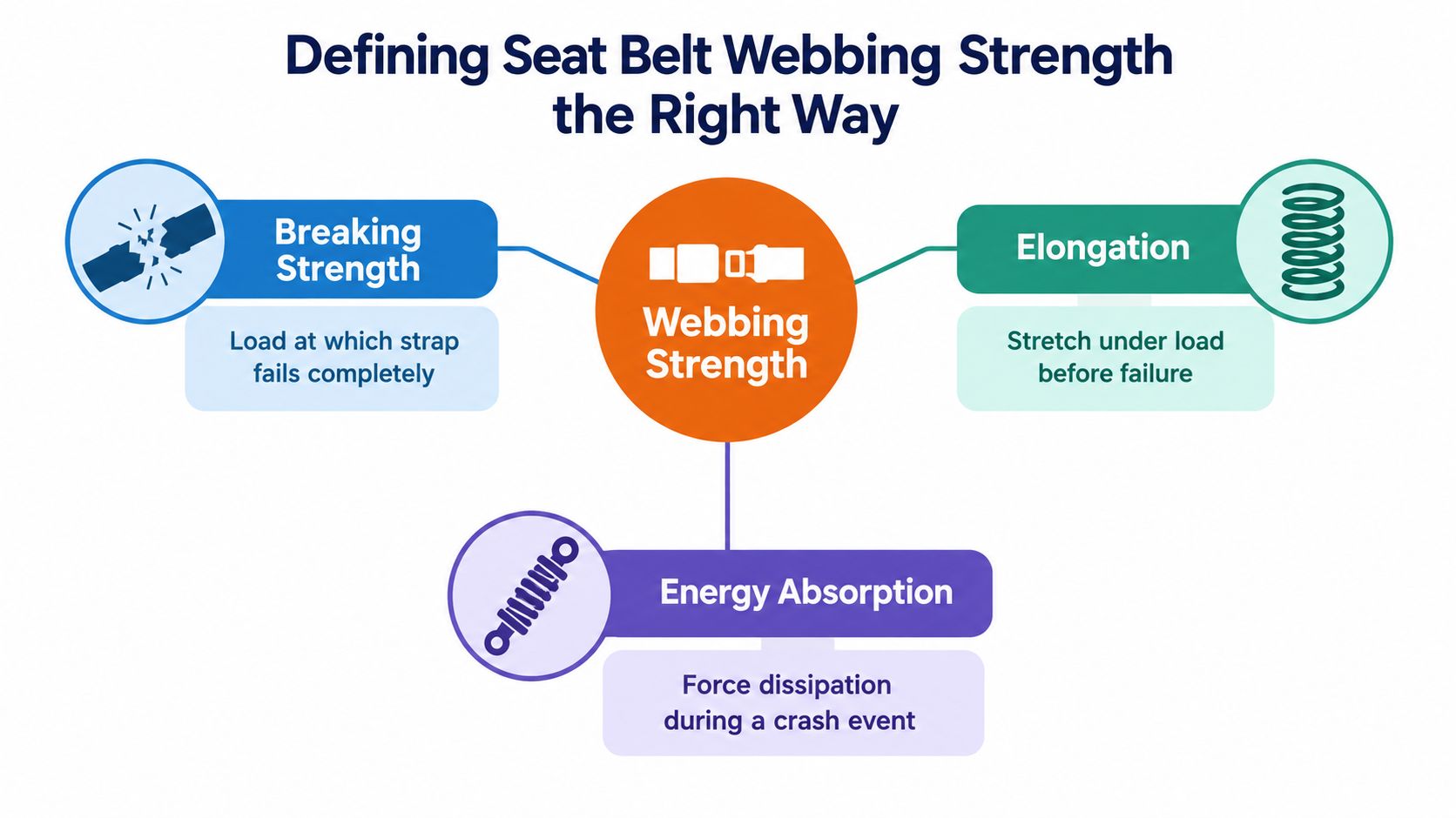 A diagram explaining three key factors of seat belt webbing strength: breaking strength, elongation, and energy absorption.