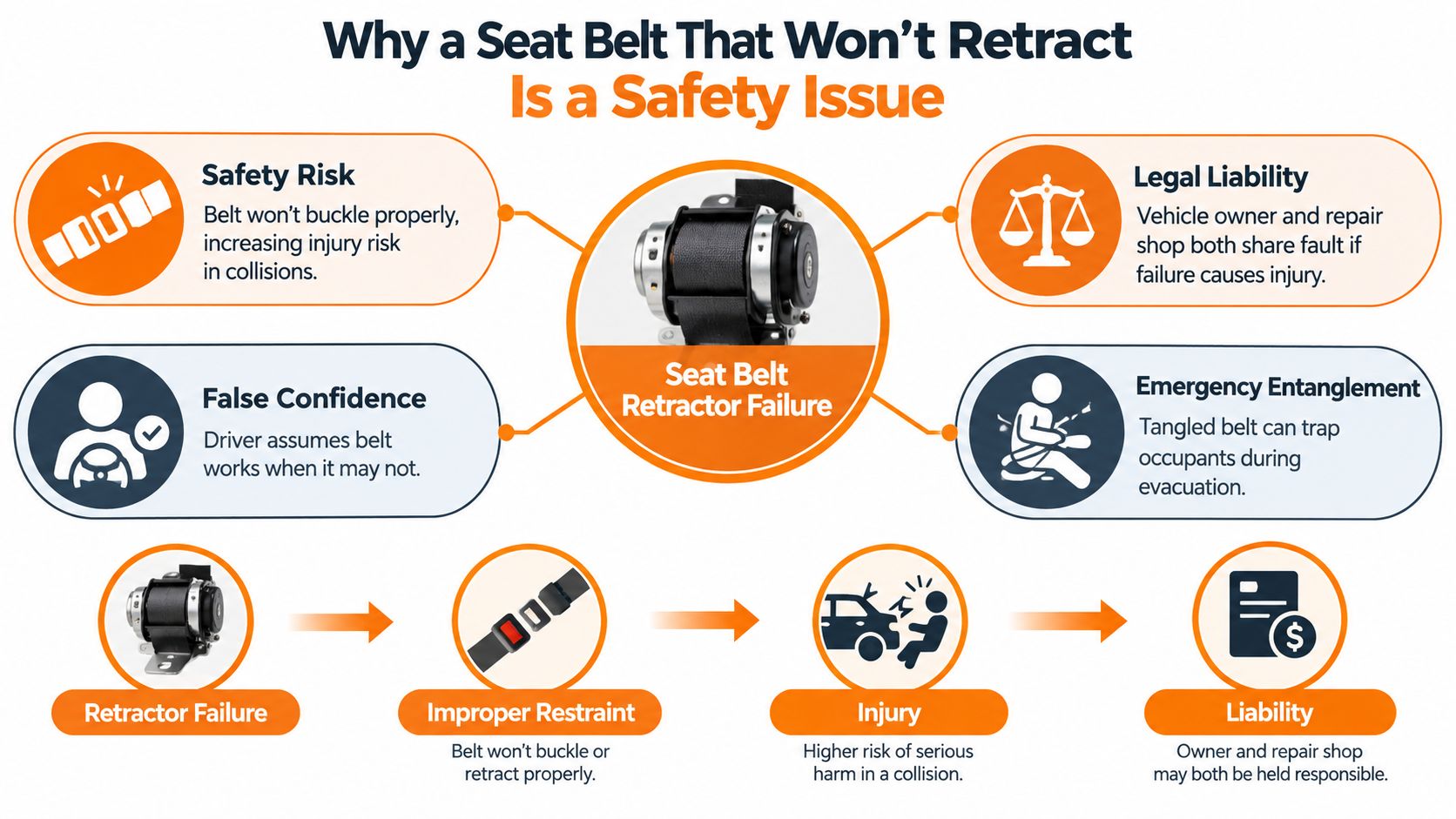 An infographic detailing safety risks, legal liabilities, and dangers of seat belt retractor failure in vehicles.