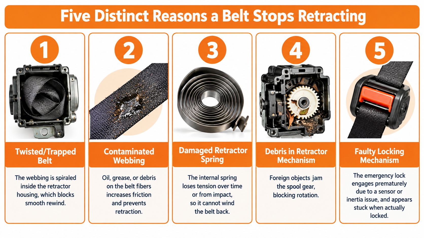 An infographic showing five distinct reasons why a car seat belt stops retracting correctly during use.