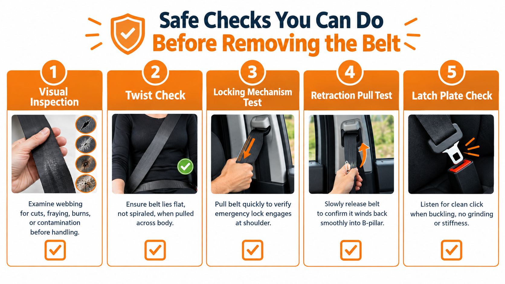 An infographic showing five safety checks for car seat belts to perform before removal or replacement.