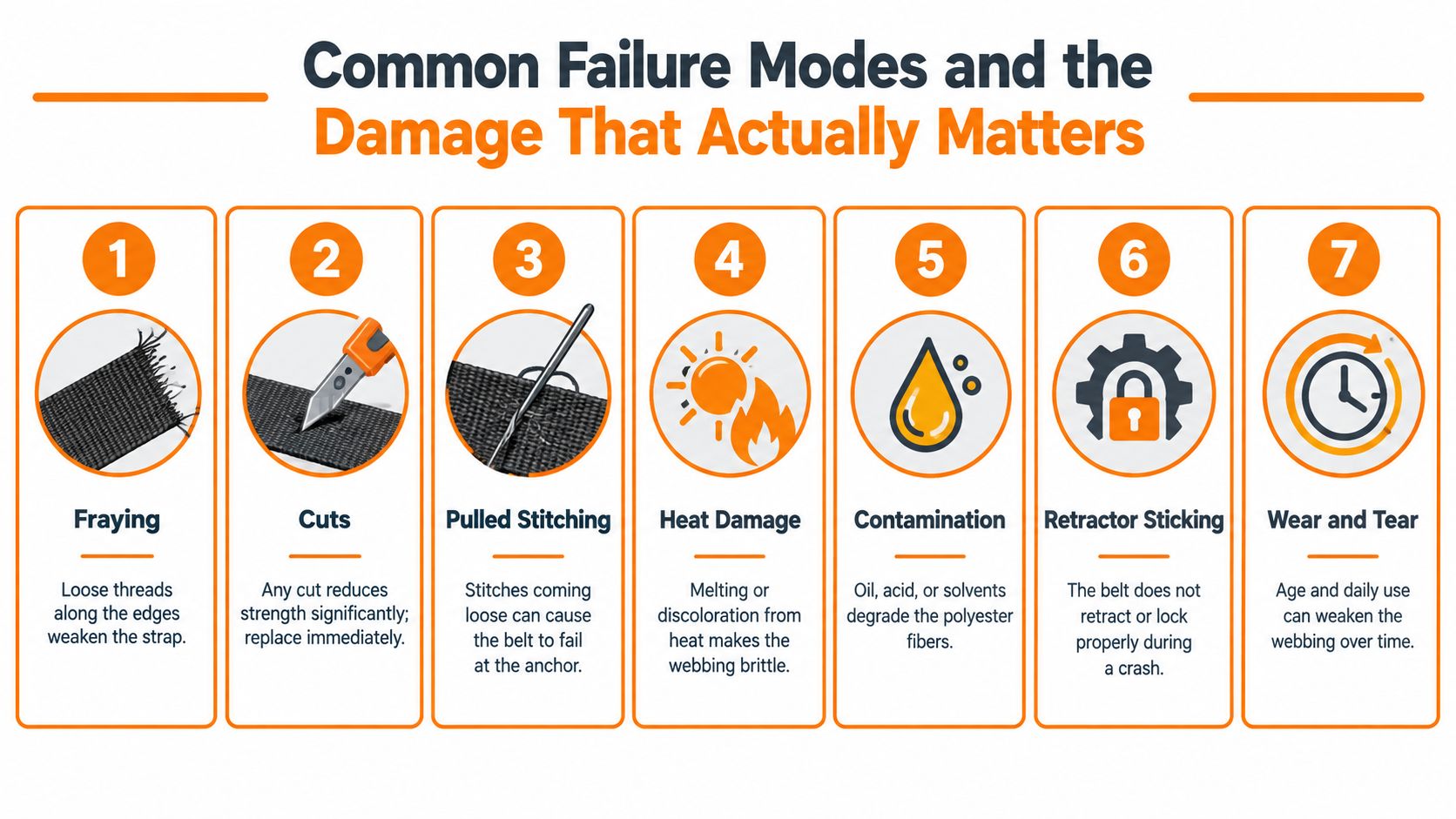 An infographic showing seven common failure modes for seat belt webbing including fraying, cuts, and contamination.