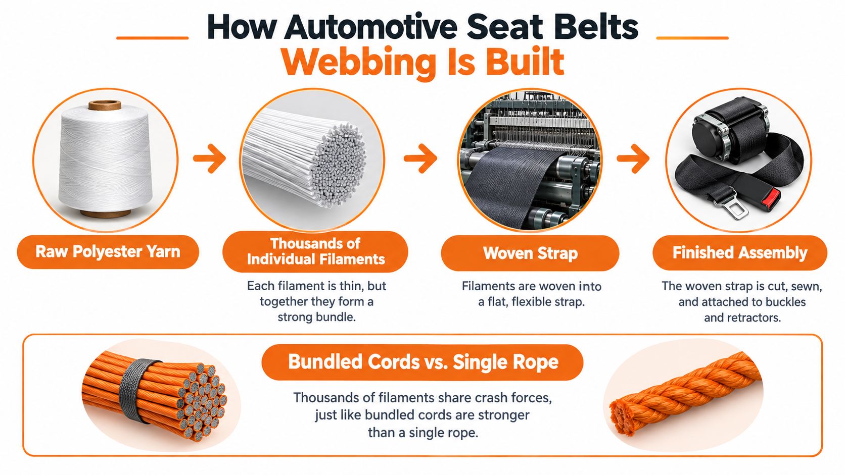 An infographic illustrating the four-step manufacturing process of automotive seat belt webbing from polyester yarn to assembly.
