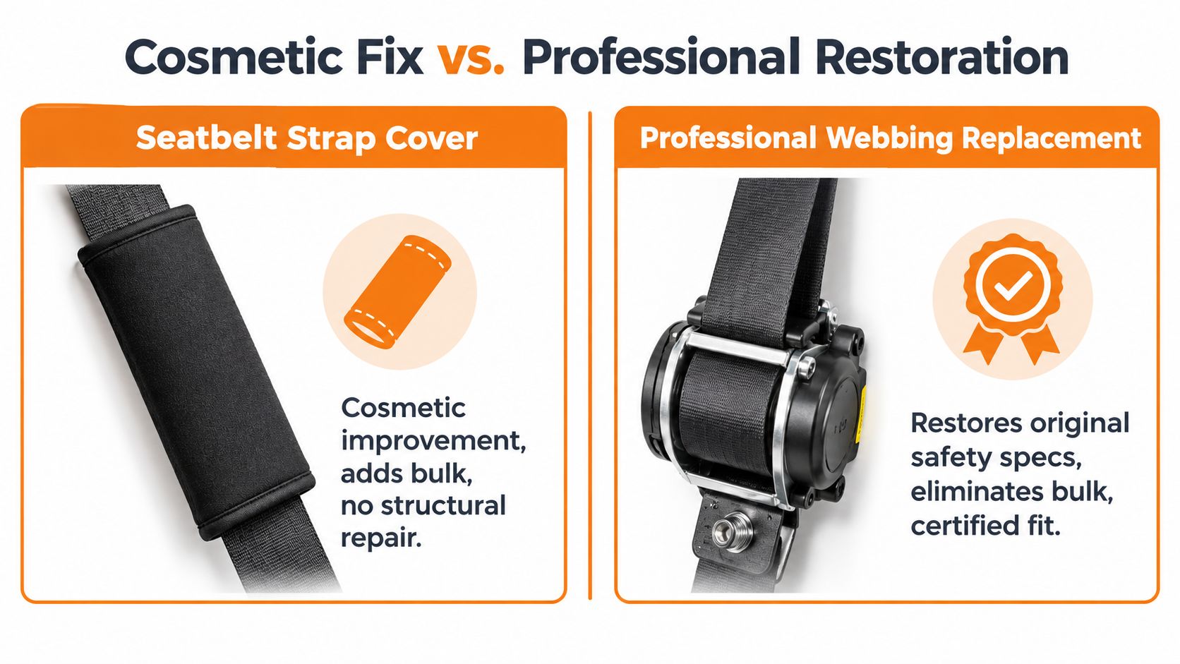 A comparison image showing a seatbelt strap cover versus a professional seatbelt webbing restoration service.