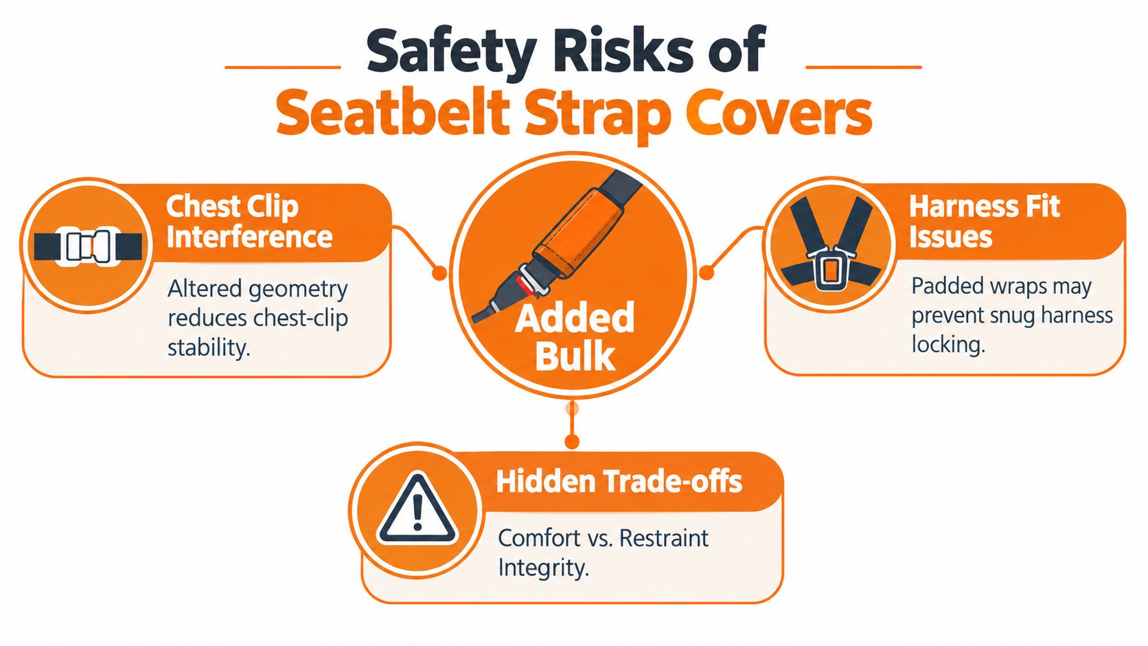 An infographic detailing the safety risks of using seatbelt strap covers, highlighting concerns like harness fit.