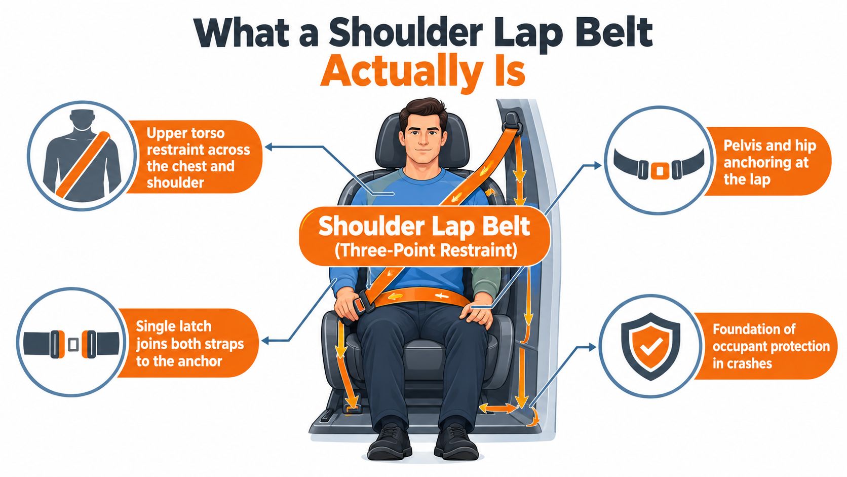 A diagram illustrating the components and function of a vehicle shoulder lap belt three-point restraint system.