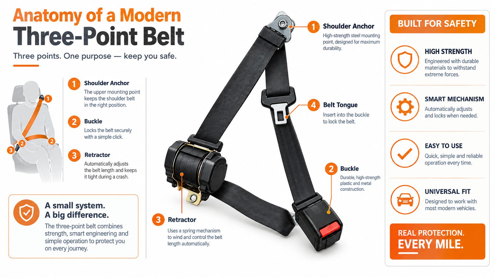 An infographic detailing the anatomy of a three-point seat belt with labels for anchor, buckle, and retractor.