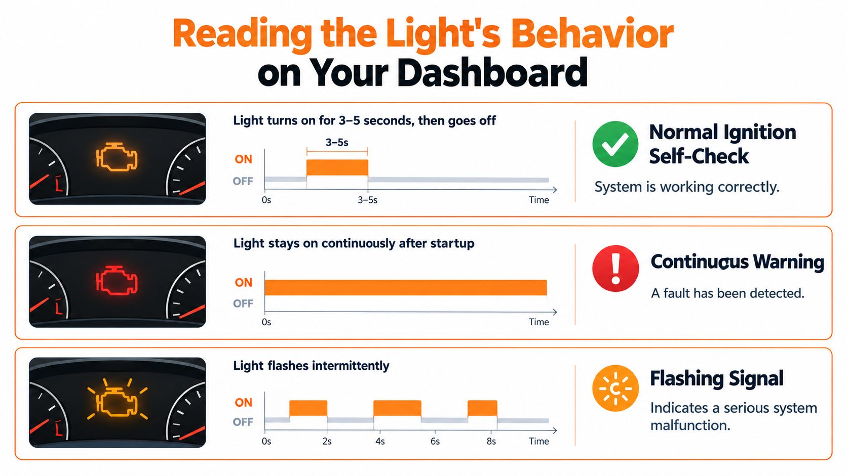 An infographic showing three different states of a car's check engine light: self-check, warning, and malfunction.