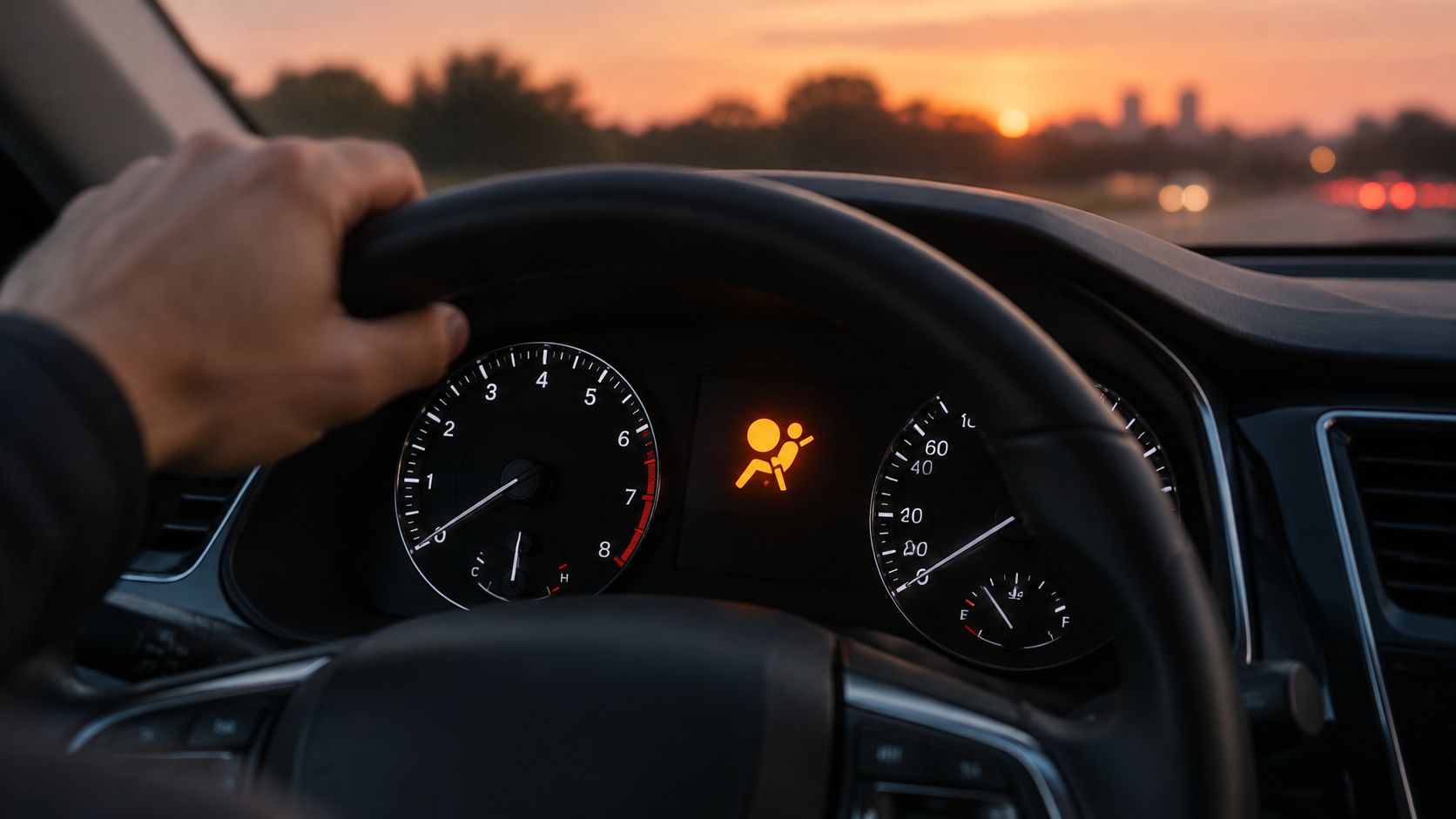 A car dashboard displaying an illuminated orange SRS airbag warning light while driving during a sunset.