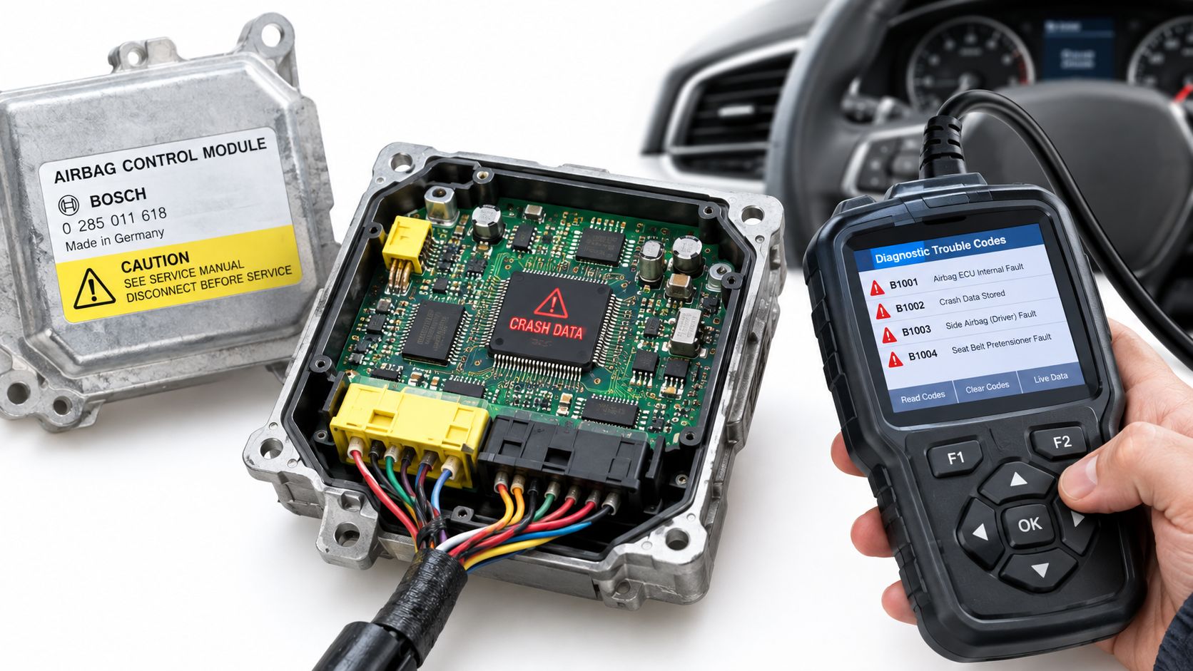 An open airbag control module being diagnosed with a scanner showing diagnostic trouble codes.