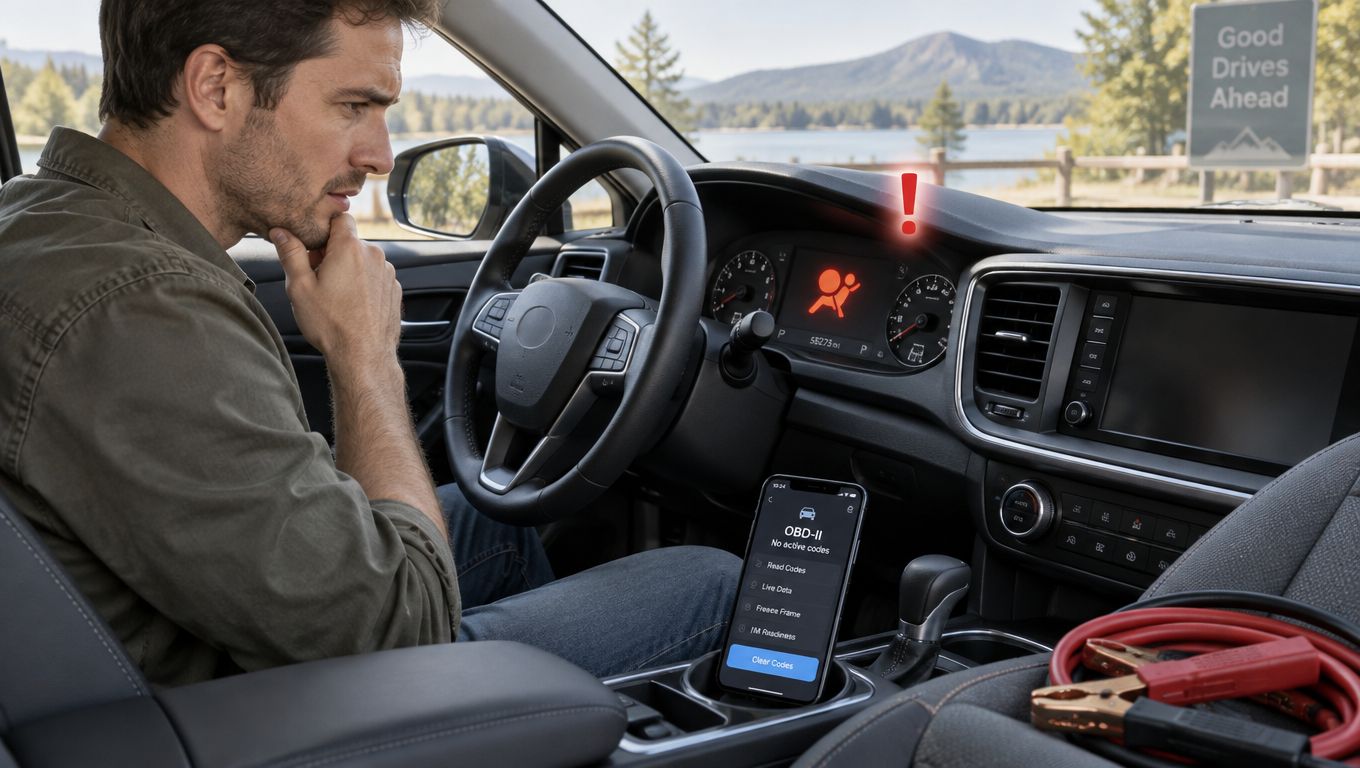 A concerned driver looking at their car dashboard which displays a glowing red airbag warning light.