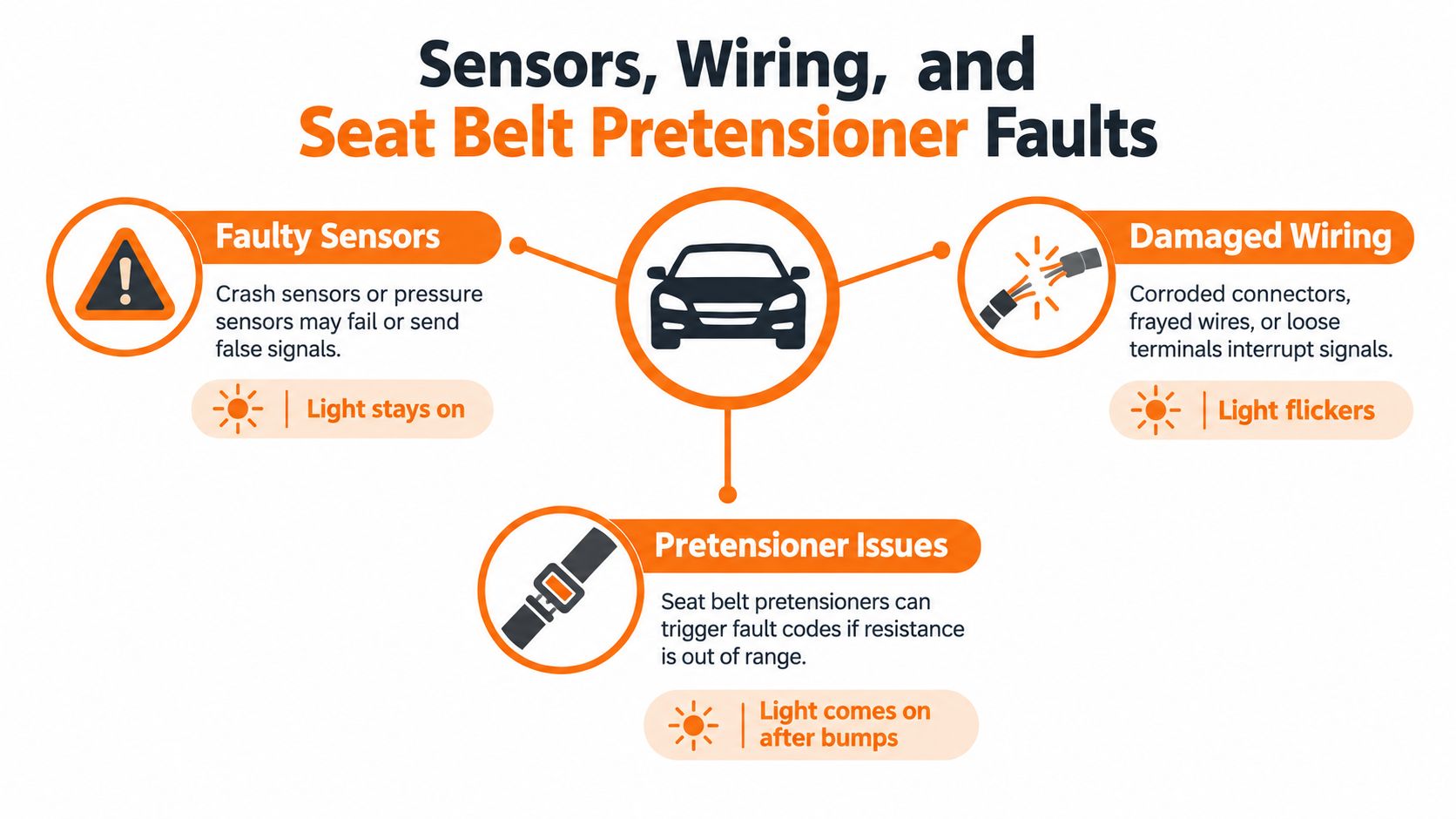A diagram illustrating common causes of airbag warning lights, including faulty sensors, damaged wiring, and pretensioner issues.