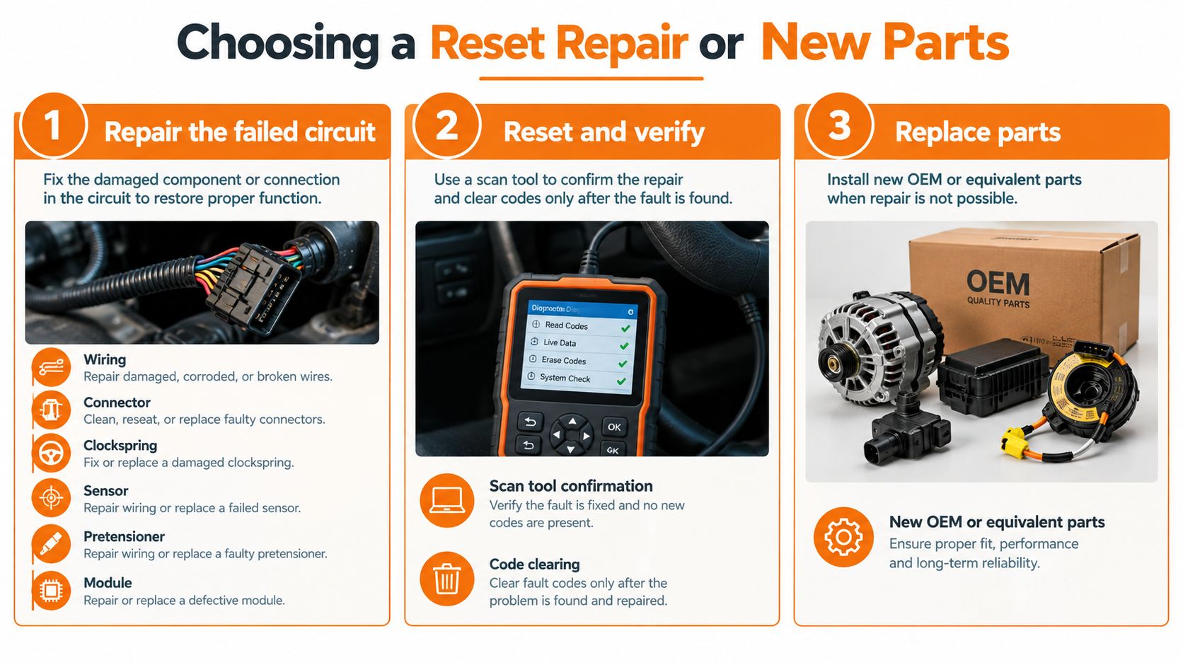 A guide on how to choose between repairing a failed circuit or replacing automotive parts for vehicle repair.